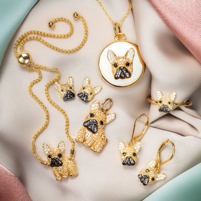A collection of french bulldog themed yellow gold jewelry. 
