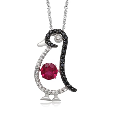 ruby, black spinel and white sapphire penguin pendant necklace