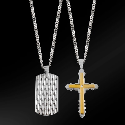 silver dog tag pendant and two-tone gold cross pendant 