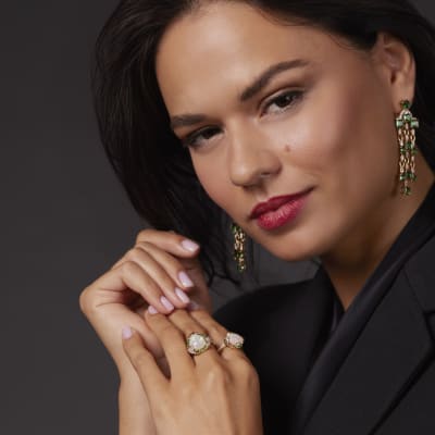 gold and green gemstone chandelier earrings 