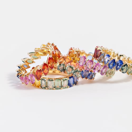 rainbow colored gemstone band rings