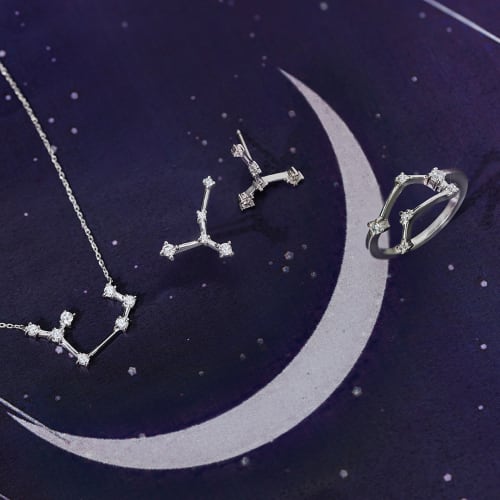 white gemstone and silver constellation ring, earrings and necklace