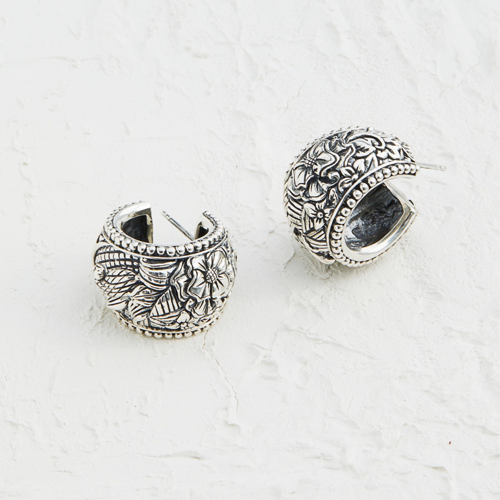 silver floral huggie hoop earrings 