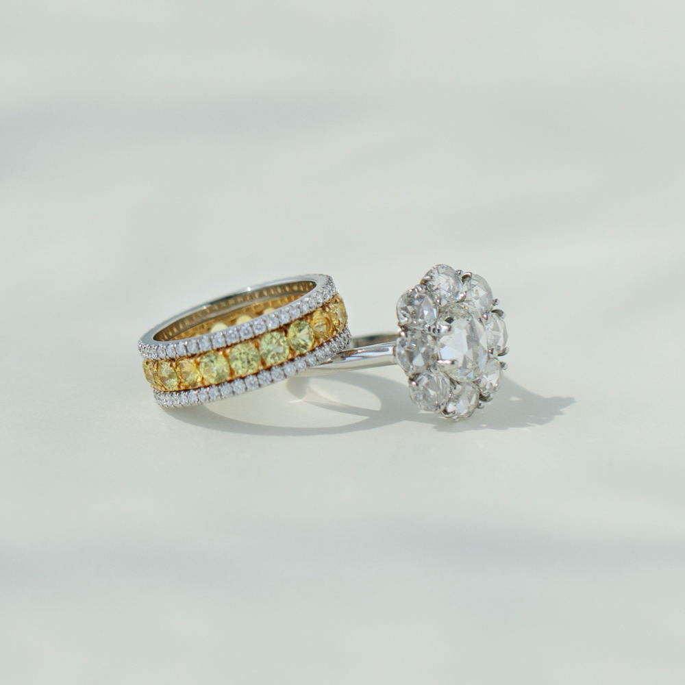 yellow sapphire band ring and white diamond ring 