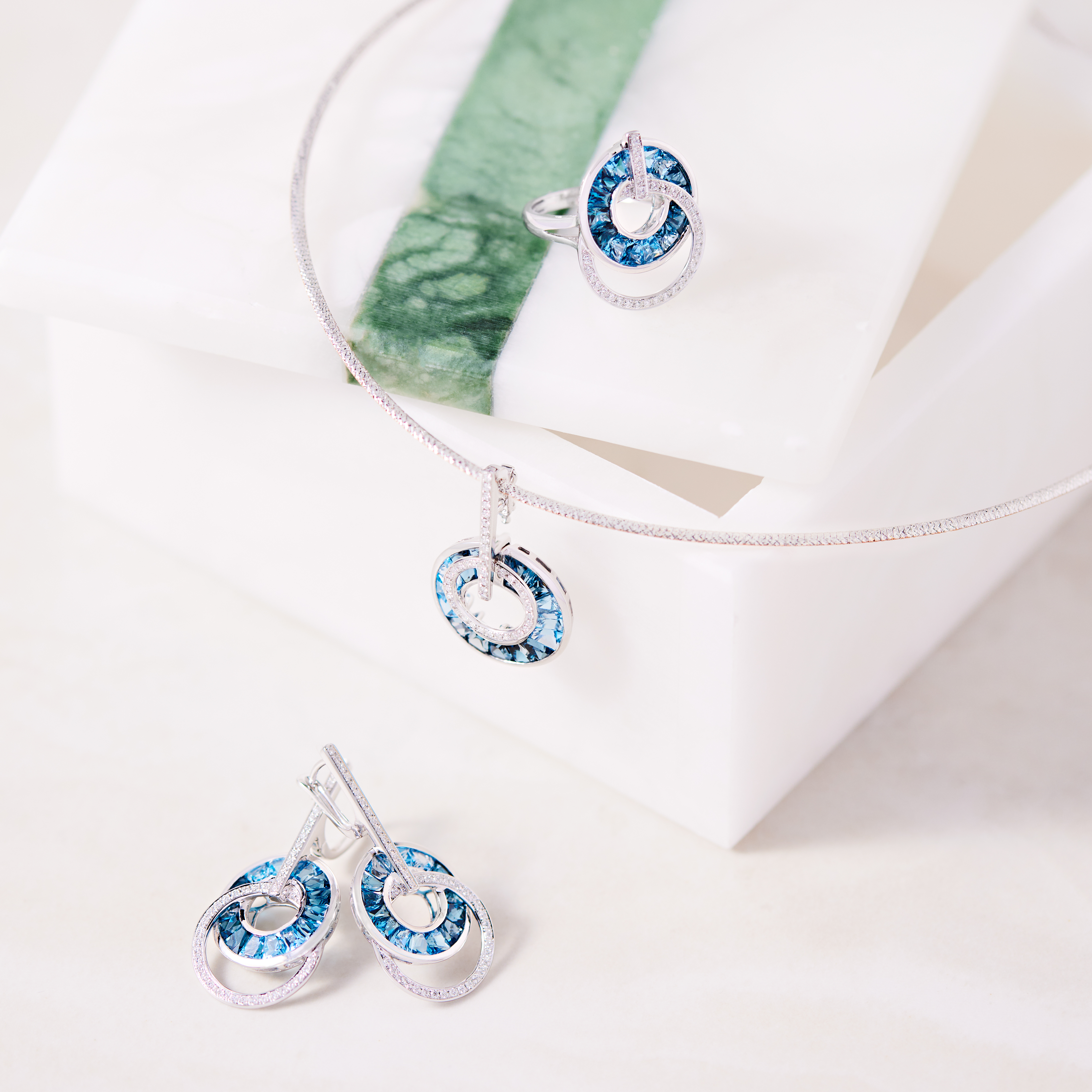Blue Stone Silver Ring Necklace Earring Set 